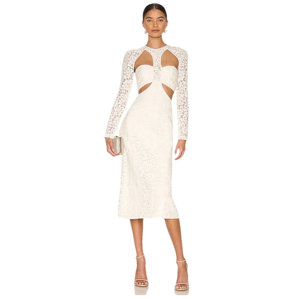Bardot Cut Out Lace Dress Women 8 Oyster Long Sleeve Midi Cocktail